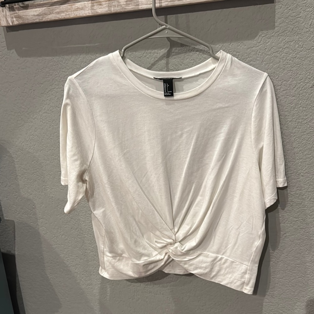 Forever 21 White Crop Tie Front T-Shirt